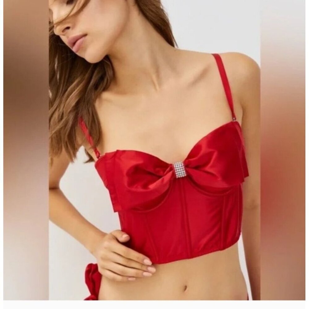 Victorias Secret Red Cupped Bow Bra Top 34C Corset Bustier Rhinestone NEW!‎